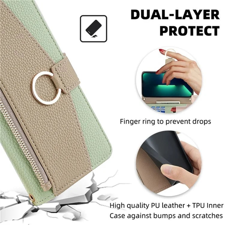 For vivo V29e (Global) 5G Case Zipper Pockets Leather Phone Cover with Strap