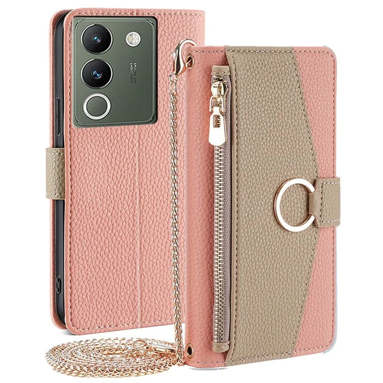 For vivo V29e (Global) 5G Case Zipper Pockets Leather Phone Cover with Strap