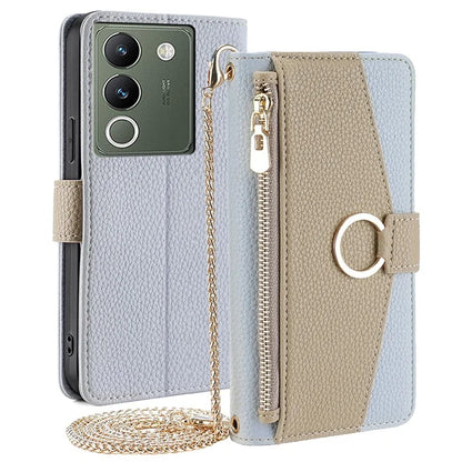 For vivo V29e (Global) 5G Case Zipper Pockets Leather Phone Cover with Strap