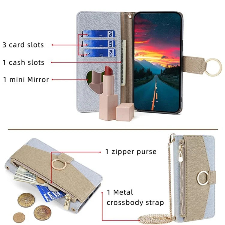 For vivo V29e (Global) 5G Case Zipper Pockets Leather Phone Cover with Strap