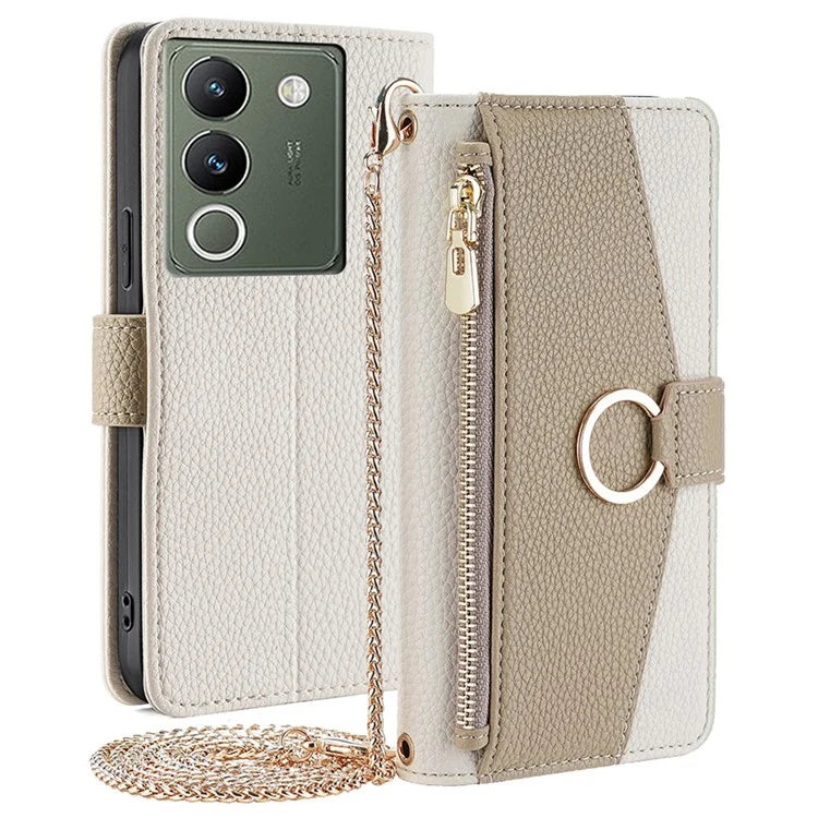 For vivo V29e (Global) 5G Case Zipper Pockets Leather Phone Cover with Strap