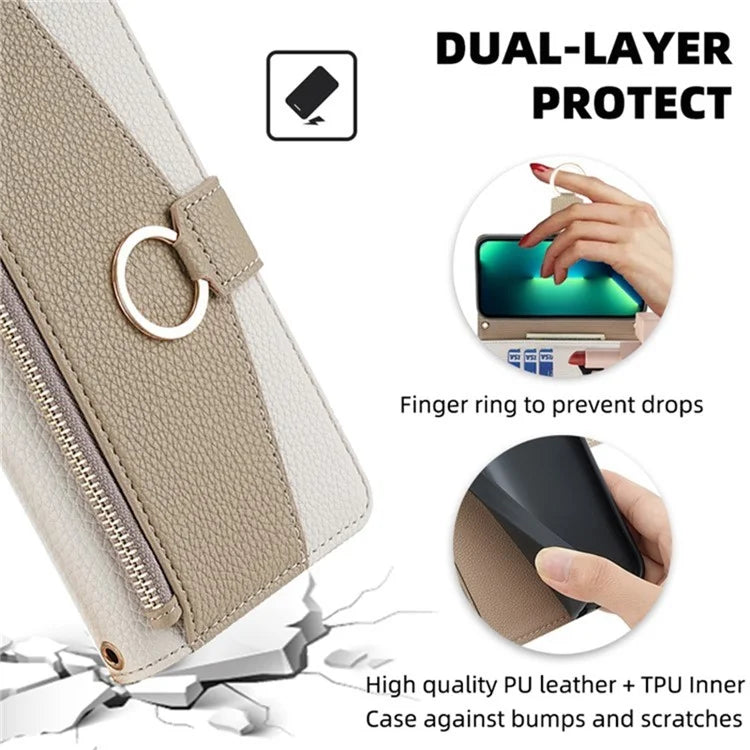 For vivo V29e (Global) 5G Case Zipper Pockets Leather Phone Cover with Strap