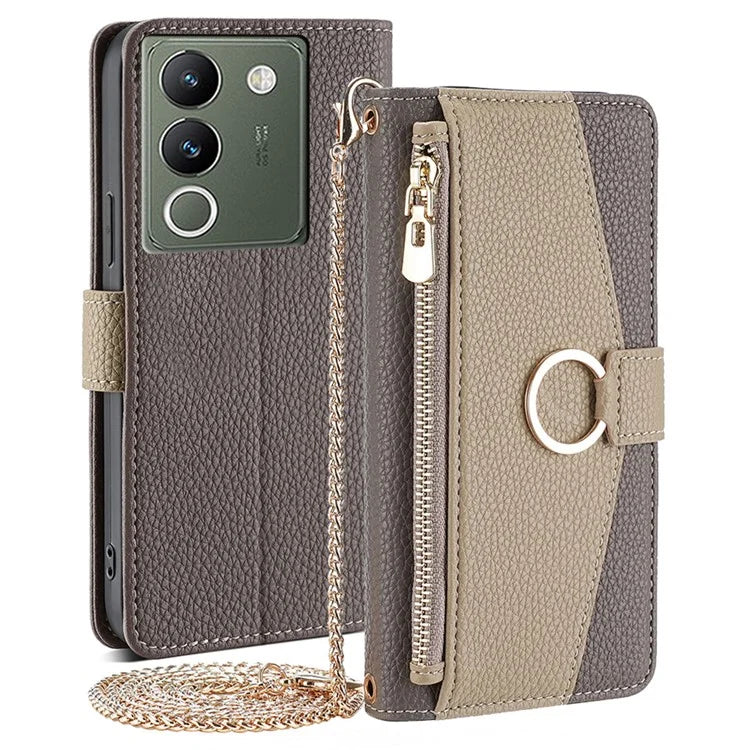 For vivo V29e (Global) 5G Case Zipper Pockets Leather Phone Cover with Strap