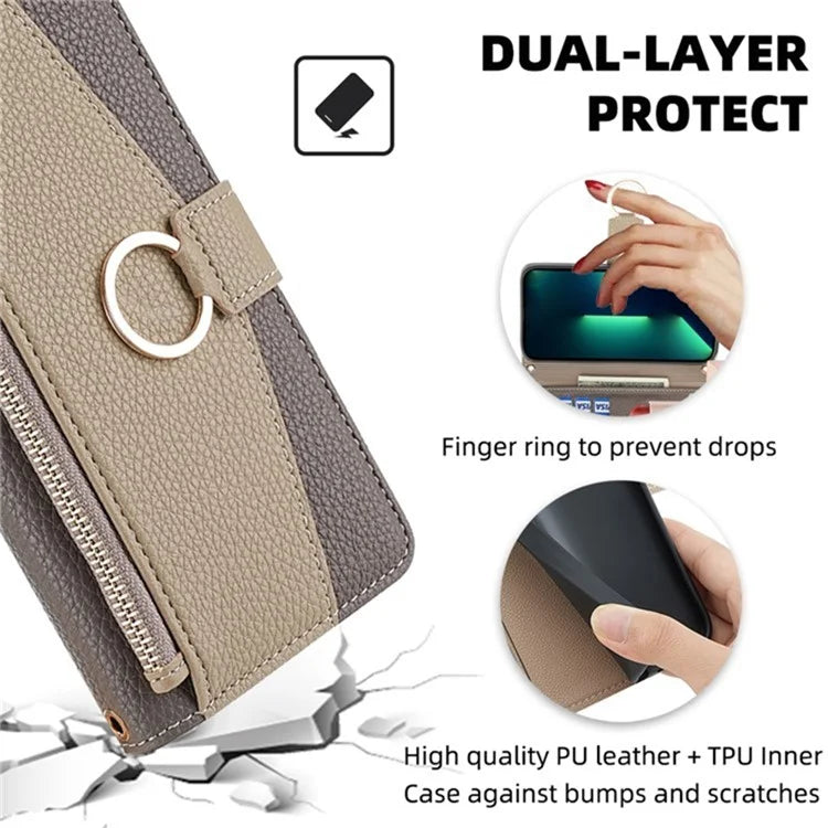 For vivo V29e (Global) 5G Case Zipper Pockets Leather Phone Cover with Strap