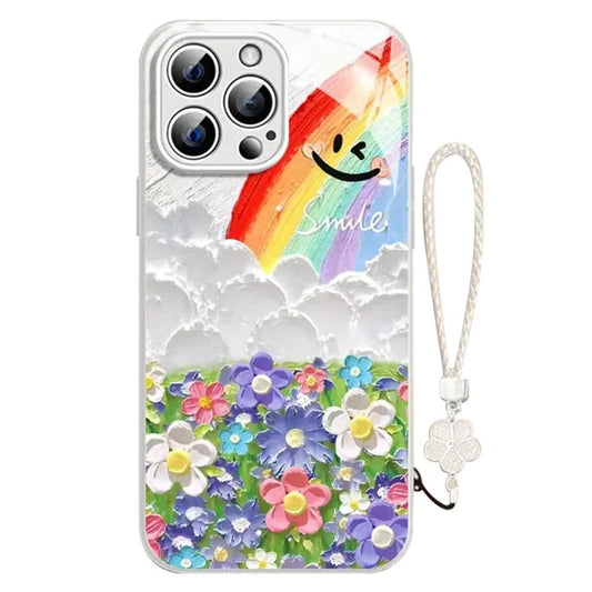 For iPhone 15 Pro Tempered Glass Case Smile Rainbow Pattern Phone Cover with Clover Hand Strap