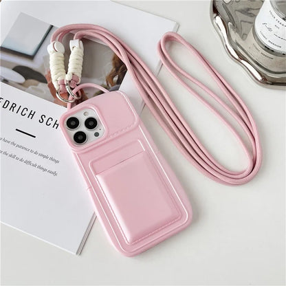 For iPhone 15 Pro TPU Case Skin-touch Protective Phone Cover with Card Holder+Shoulder Strap