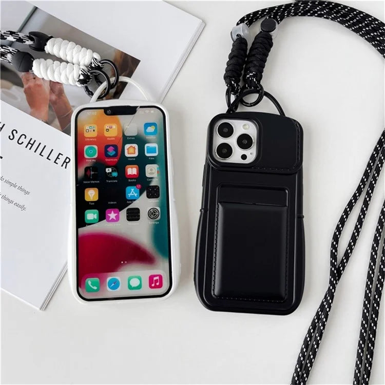 For iPhone 15 Pro TPU Case Skin-touch Protective Phone Cover with Card Holder+Shoulder Strap