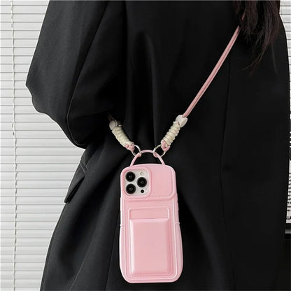 For iPhone 15 Pro TPU Case Skin-touch Protective Phone Cover with Card Holder+Shoulder Strap