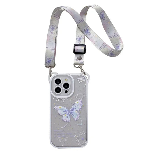 For iPhone 15 Pro TPU Case Butterfly Pattern Design Flexible Phone Cover with Lanyard