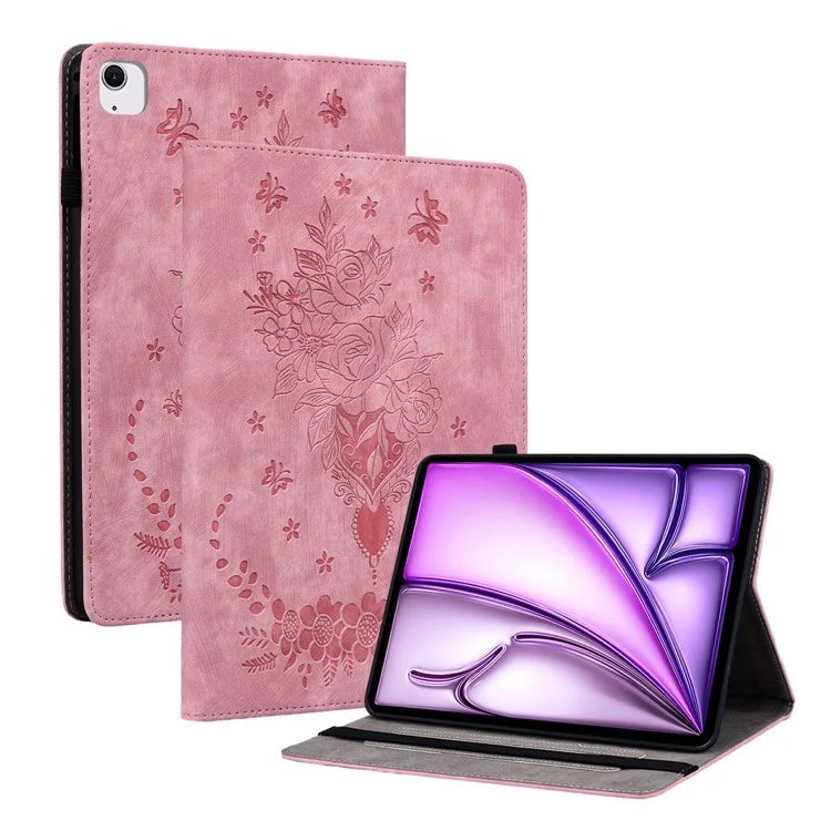 For iPad Air 11 (2024) Shockproof PU Leather Tablet Case Card Slot Imprinted Rose Flower Protection Cover