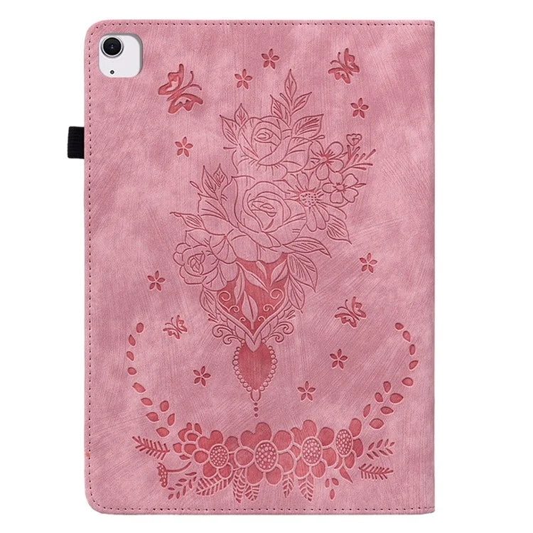 For iPad Air 11 (2024) Shockproof PU Leather Tablet Case Card Slot Imprinted Rose Flower Protection Cover