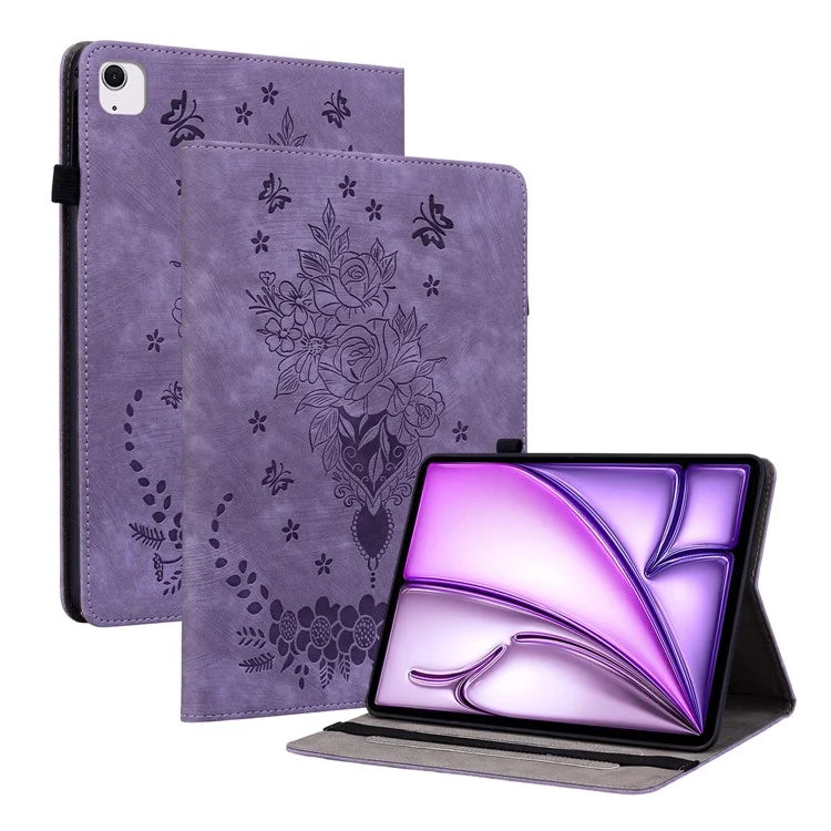 For iPad Air 11 (2024) Shockproof PU Leather Tablet Case Card Slot Imprinted Rose Flower Protection Cover