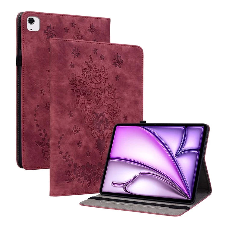 For iPad Air 11 (2024) Shockproof PU Leather Tablet Case Card Slot Imprinted Rose Flower Protection Cover