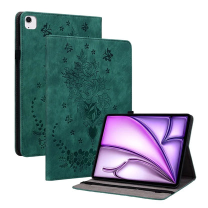 For iPad Air 11 (2024) Shockproof PU Leather Tablet Case Card Slot Imprinted Rose Flower Protection Cover