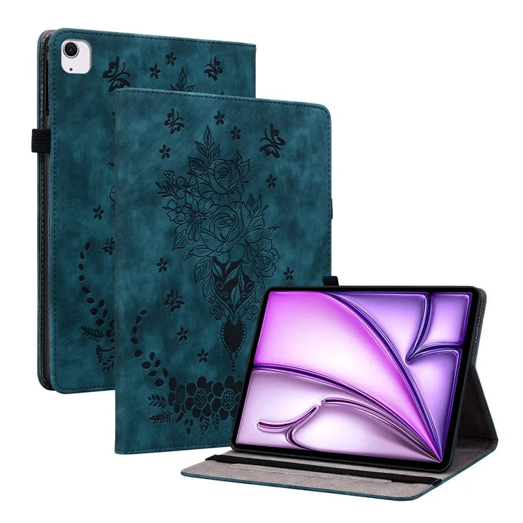 For iPad Air 11 (2024) Shockproof PU Leather Tablet Case Card Slot Imprinted Rose Flower Protection Cover