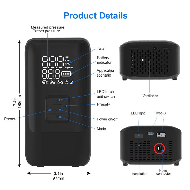 SH03 Portable Smart Air Pump Dual-Cylinder Tire Inflator with Power Bank Function