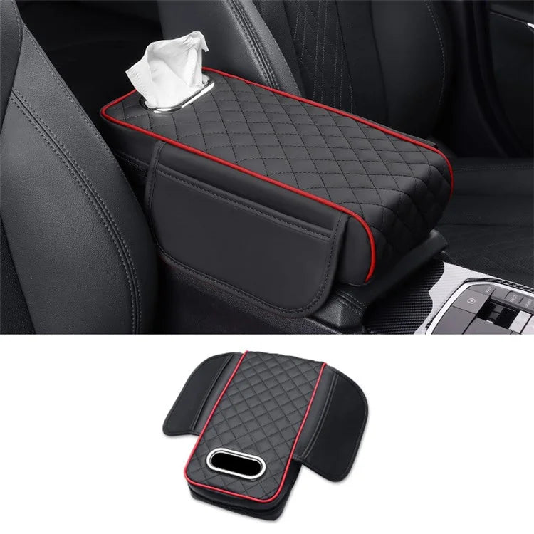 Car Armrest Box Cushion Pad PU Leather Tissue Holder Box with Side Pockets  /  Red