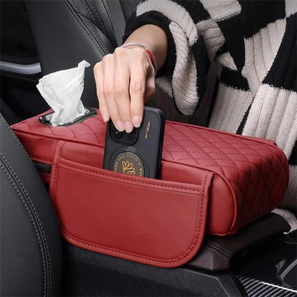 Car Armrest Box Cushion Pad PU Leather Tissue Holder Box with Side Pockets  /  Red