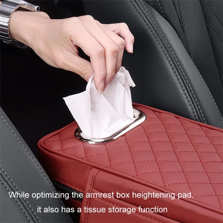 Car Armrest Box Cushion Pad PU Leather Tissue Holder Box with Side Pockets  /  Red