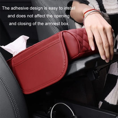 Car Armrest Box Cushion Pad PU Leather Tissue Holder Box with Side Pockets  /  Red