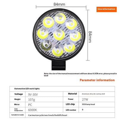 9LED 27W Car SUV Off-Road Super Bright Round Spotlight Waterproof Vehicle Headlight