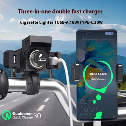 WUPP ZH-1849A1 Motorcycle Handlebar Charger QC3.0 USB-A+Type-C+Cigarette Lighter (With Cigarette Lighter Plug)