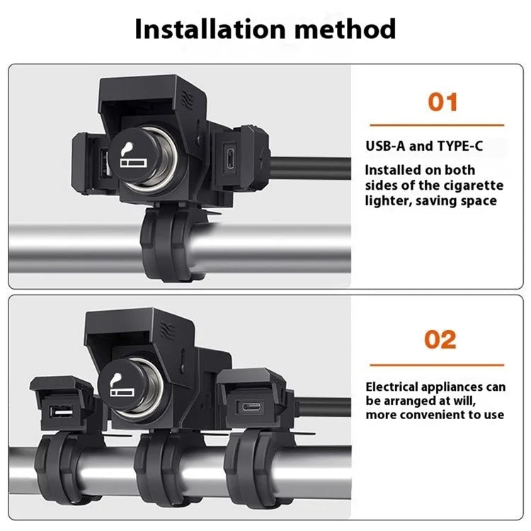 WUPP ZH-1849A1 Motorcycle Handlebar Charger QC3.0 USB-A+Type-C+Cigarette Lighter (With Cigarette Lighter Plug)