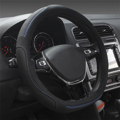 38cm D-shape Car Steering Wheel Cover Imitation Leather Anti-skid Steering Wheel Sleeve+Blue Line