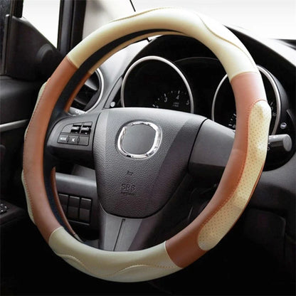 38cm Round Car Steering Wheel Cover Anti-skid Microfiber Leather Steering Wheel Sleeve+Coffee