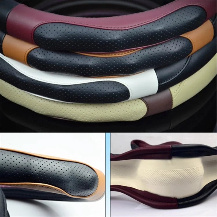 38cm Round Car Steering Wheel Cover Anti-skid Microfiber Leather Steering Wheel Sleeve+Coffee