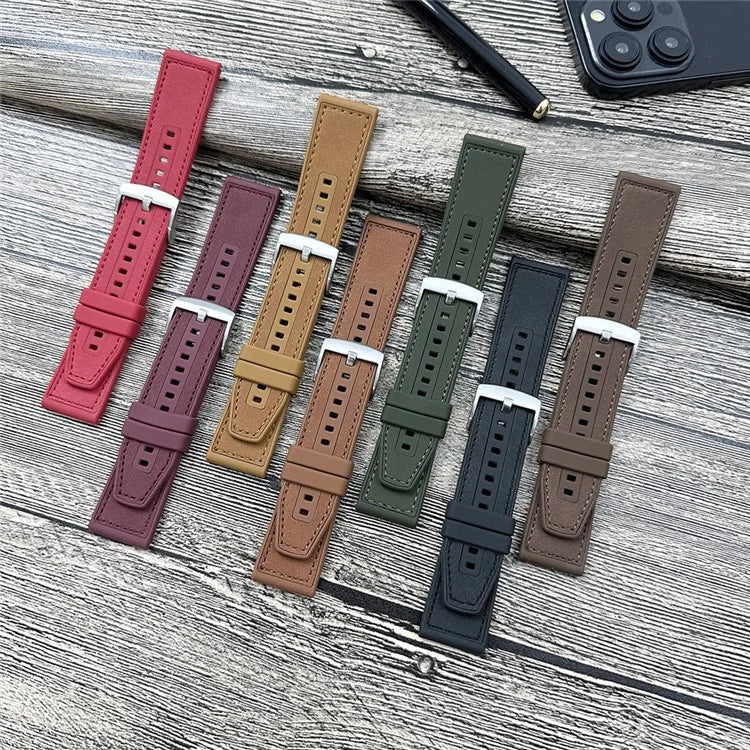 22mm Universal Watch Band Leather Coated Silicone Replacement Strap with Square Buckle Brown