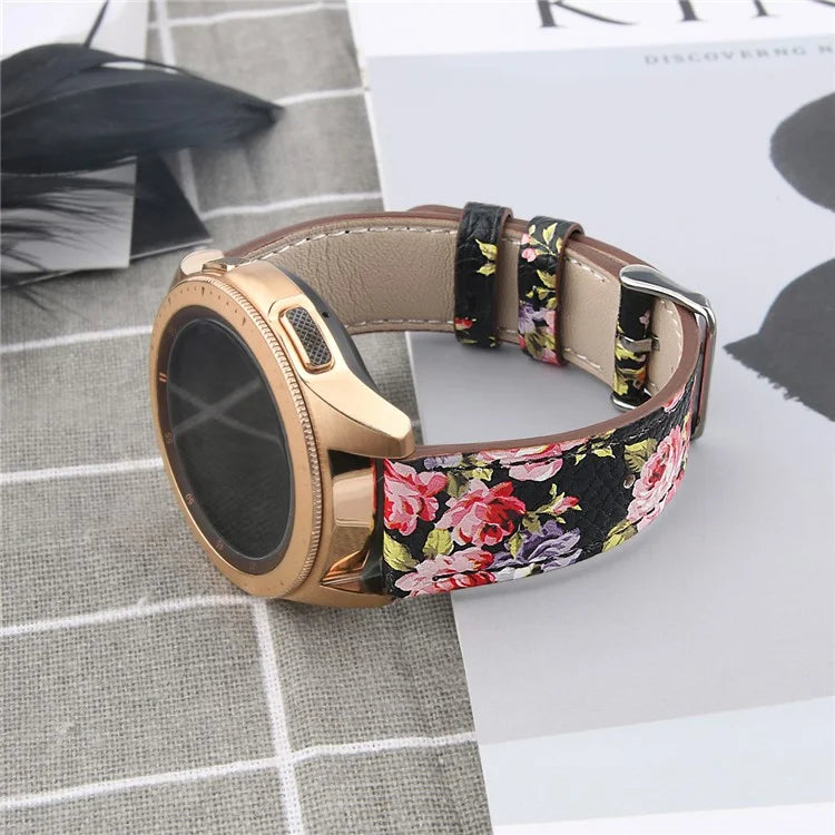 For Huawei Watch GT / Watch GT 2 46mm / 42mm / Samsung Galaxy Watch 46mm Watch Strap Top Layer Cowhide Wrist Band Flower