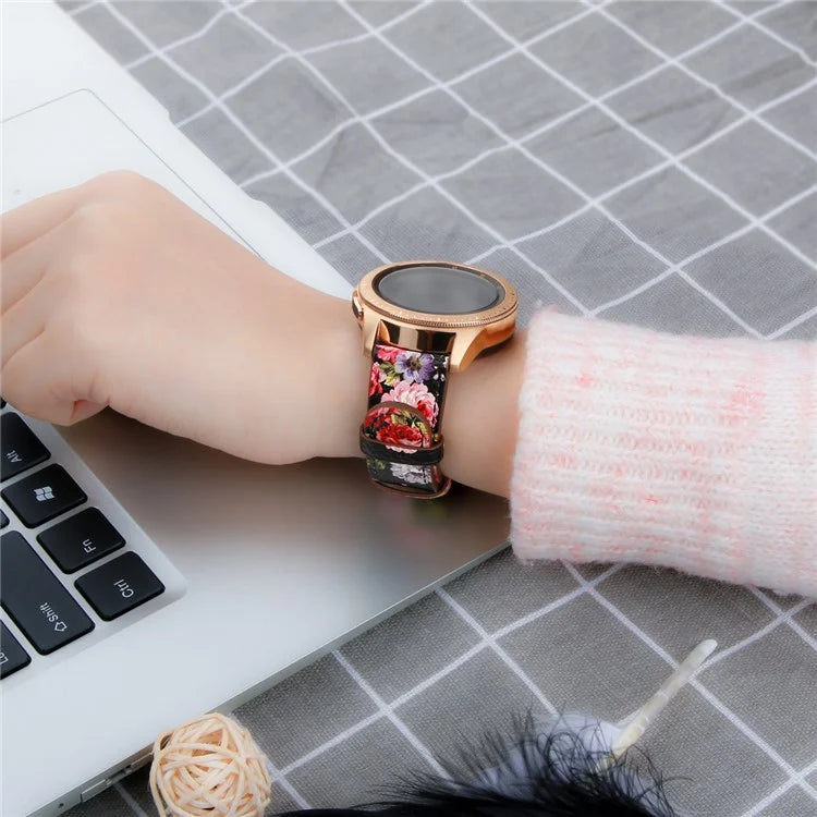 For Huawei Watch GT / Watch GT 2 46mm / 42mm / Samsung Galaxy Watch 46mm Watch Strap Top Layer Cowhide Wrist Band Flower