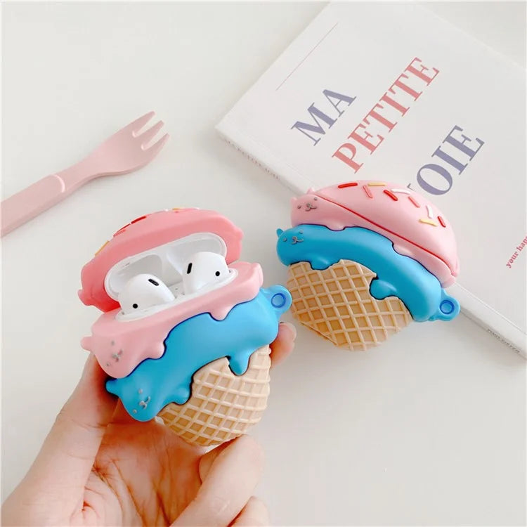 For Apple Airpods with Charging Case (2016) / (2019) / AirPods with Wireless Charging Case (2019) Earphone Cover Cute Cat Ice Cream Silicone Case