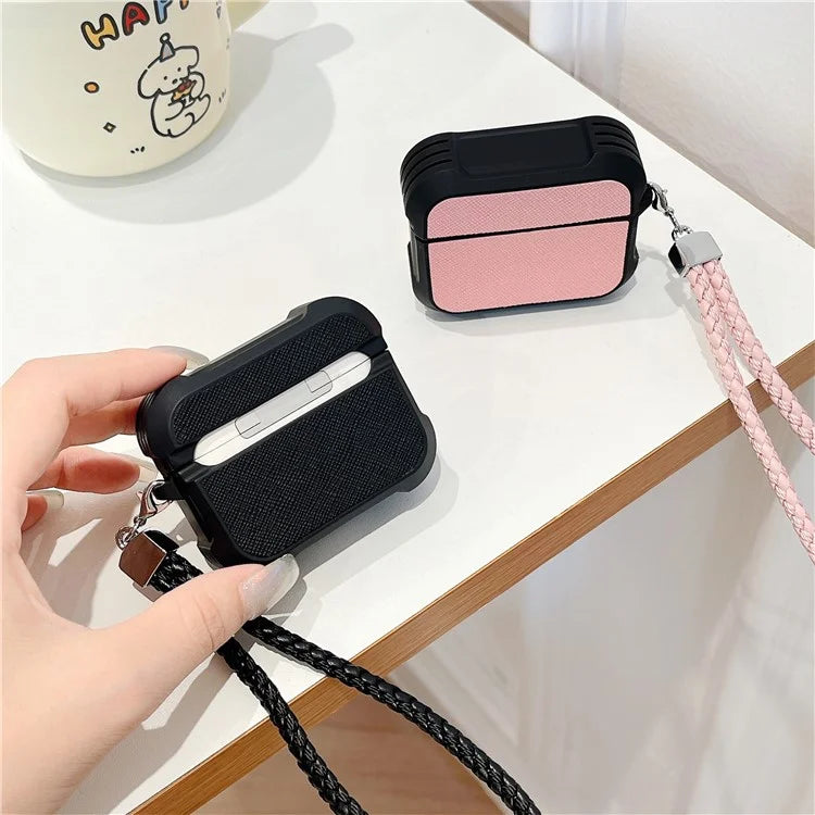 For AirPods Pro 2 / AirPods Pro Bluetooth Earphone Cover Leather Texture TPU Anti-Drop Case with Wrist Strap