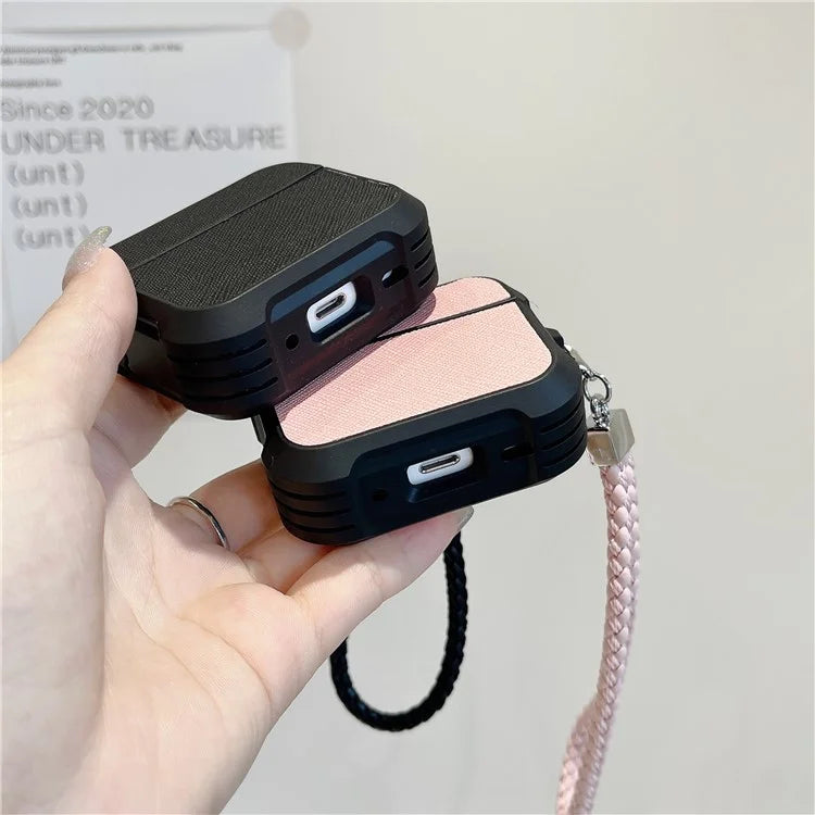 For AirPods Pro 2 / AirPods Pro Bluetooth Earphone Cover Leather Texture TPU Anti-Drop Case with Wrist Strap