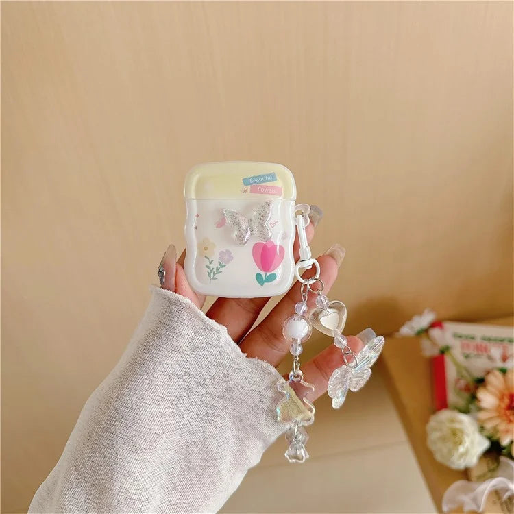 For Apple AirPods with Wireless Charging Case (2019) / AirPods with Charging Case (2019) / (2016) Butterfly and Flower TPU Case with Pendant