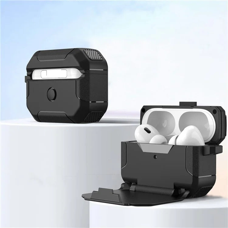 For AirPods Pro 2 Case PC+TPU Flip Stand Bluetooth Earphone Anti-Drop Cover with Carabiner