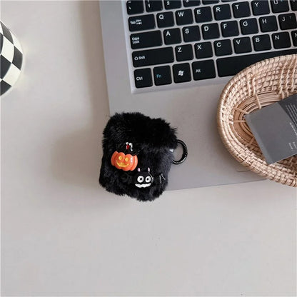 For Apple AirPods with Wireless Charging Case (2019) / AirPods with Charging Case (2019) / (2016) Case Halloween Pumpkin Bat Fluffy TPU Cover