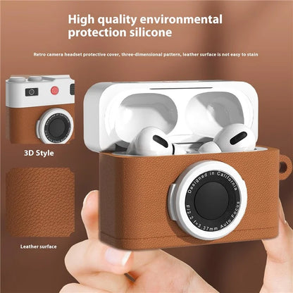 For Apple AirPods Pro 2 / AirPods Pro Case Retro Camera Design Liquid Silicone Earbuds Carrying Cover with Carabiner