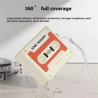 For AirPods 4 Case Cassette Tape Design Portable Liquid Silicone Earbuds Cover with Strap