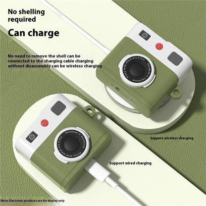 For AirPods 4 Case Retro Camera Design Liquid Silicone Earbuds Carrying Cover with Carabiner