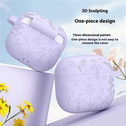 For AirPods 4 Case Floral Pattern Liquid Silicone Earphone Cover with Carabiner