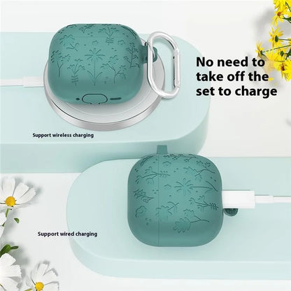 For AirPods 4 Case Floral Pattern Liquid Silicone Earphone Cover with Carabiner