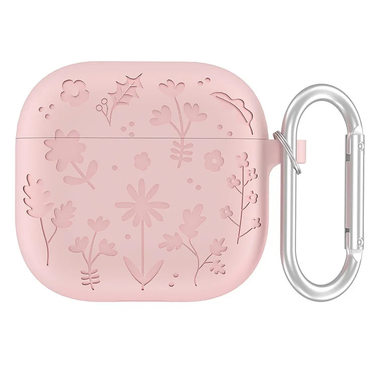 For AirPods 4 Case Floral Pattern Liquid Silicone Earphone Cover with Carabiner