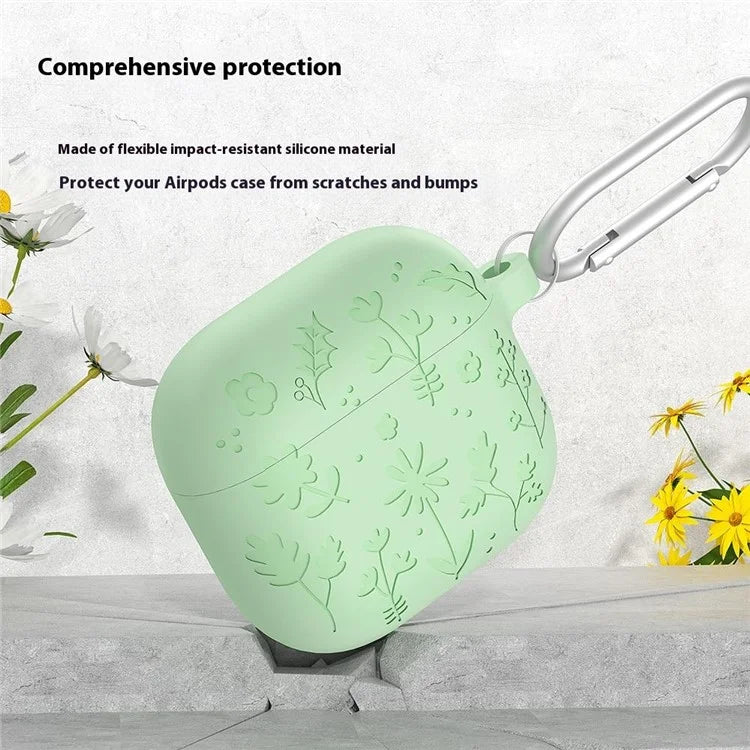 For Apple AirPods 3 Case Floral Pattern Liquid Silicone Earphone Cover with Carabiner