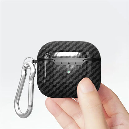 For AirPods 4 Charging Case Cover Carbon Fiber Texture Bluetooth Earbuds Shockproof TPU Case with Buckle