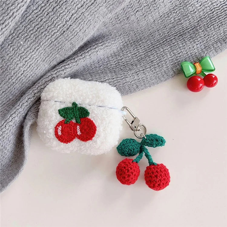 For Apple AirPods 3 Cherry Plush Case Anti-drop Fluff Earbud Cover with Pendant