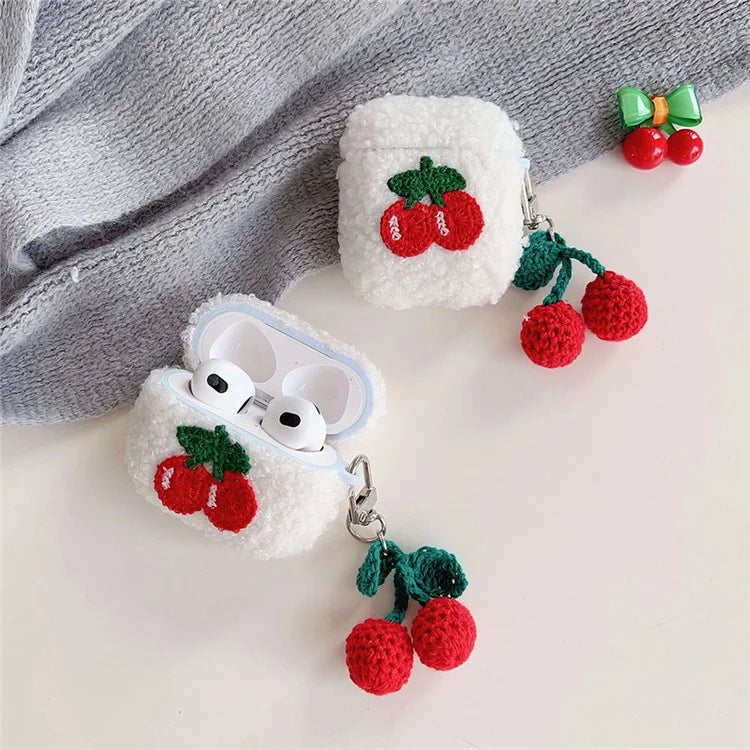 For Apple AirPods 3 Cherry Plush Case Anti-drop Fluff Earbud Cover with Pendant