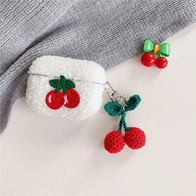 For Apple AirPods Pro 2 Cherry Earphone Case Bluetooth Earbud Plush Fluff Cover with Pendant